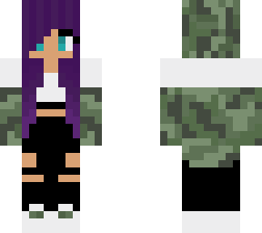 purple haired girl with camo jacket and black ripped jeans.