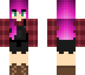 pink haired girl with black overalls and a plaid shirt