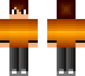 orange shirt grey pants brown hair black eyes