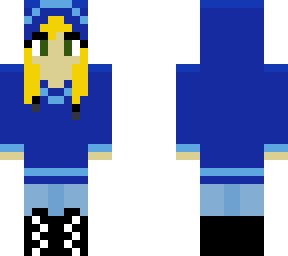blonde girl w/ greeneyes & large blue hoodie