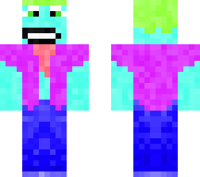 green haired blue guy with puurple shirt a bolo tie and baggy pants