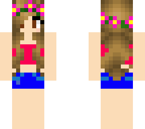 brown haired girl with pink top and flower crown, blue denim jean shorts