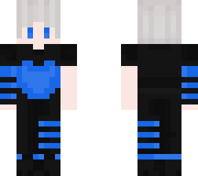 blue and striped shirt and pants and white hair