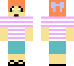 red haired girl with striped shirt and bluejean shorts