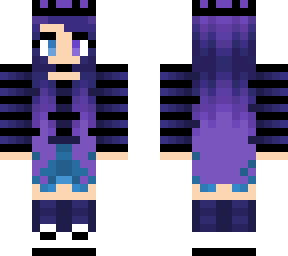 purple hair - purple and black stripe - blue shorts