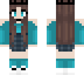 teal blue - long brunette hair - checkered skirt - teal socks