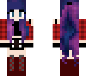 purple/blue hair red outfit