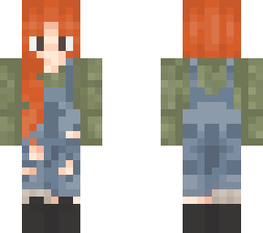 cute & detailed redhead girl - green sweater, ripped overalls, black sneakers
