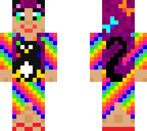 purple hair, rainbow dress, cat, tux and swimsuit