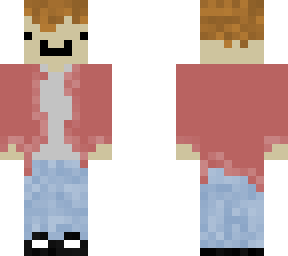 brown hair, red shirt and denim jeans.