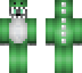 fixed wolf in a green dinosaur onesie