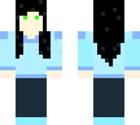 simple girl/ blue clothes/ black hair/ green eyes
