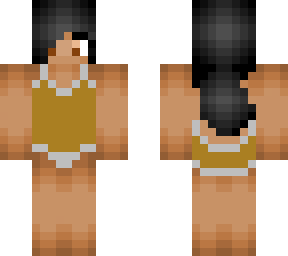 black haired woman in gold brown one piece