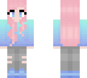 long pink curly hair - sea purple to sea blue sweater