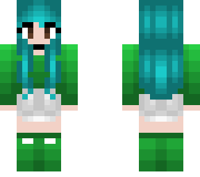 turquoise hair - green sweater - gray shorts