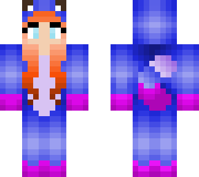ginger girl with a blue and pink fox costume and blue eyes