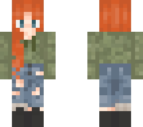 cute & detailed redhead girl - green hoodie, ripped jeans, black sneakers