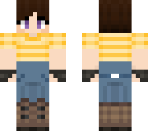 girl with short hair, yellow shirt, jeans, and gloves