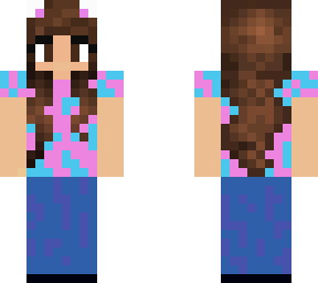 brown haired girl with tie-die shirt and blue jeans and cat ears.