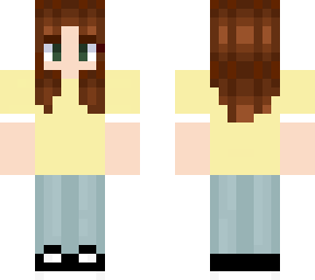 brownish hair yellow shirt light jeans girl