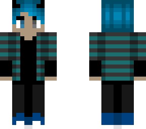 cyan and gray stripe jacket - blue hair - black shirt and sleeves