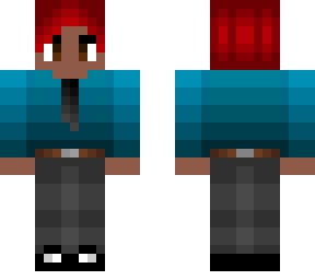 cyan buisness suit - black tie - red hair