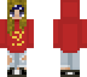 blue eyes blonde hair red sweatshirt bandana
