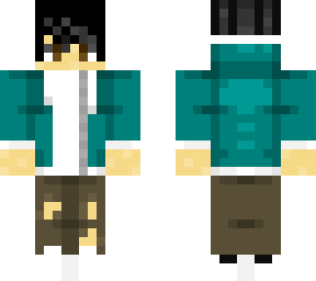 black hair w/ brown pants, white adidas shoes & teal sweatshirt