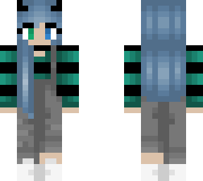 teal stripe shirt - blue hair - overalls