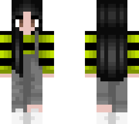yellowish green and black sweater - black hair - overalls