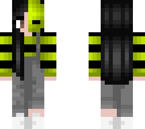 yellowish green and black sweater - black hair - overalls and mask
