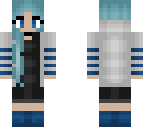 light gray jacket w/ blue stripes - blue hair - black dress