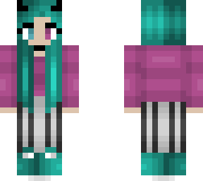 teal hair - pink sweater - black and white stripe pants