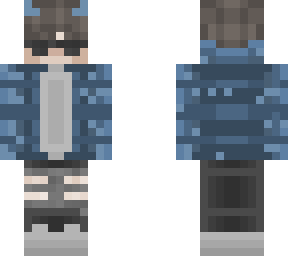 really cute boy with blue hoodie and ripped black pants and glasses and horns