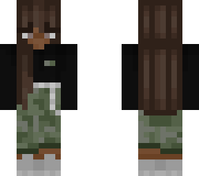 black shirt, camo pants idk im bad at names