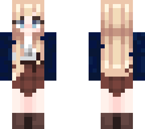 charity, brown skirt, blue cardiagn