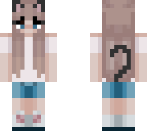 blonde girl in blue shorts with cat ears
