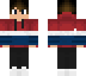 boy with blue,red, and white hoodie and headphones