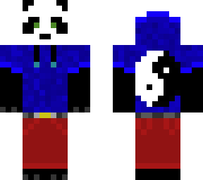 panda in a blue hoodie and red pants