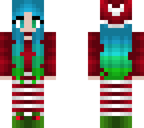 christmas - elf - red on white - blue, cyan and green mix hair - hat