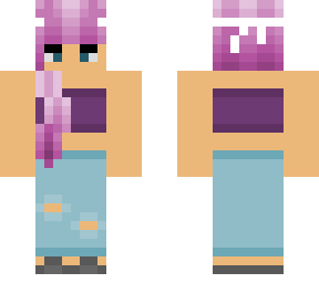 aesthetic girl with gradient hair, tube top, ripped jeans, space buns, & ribbon