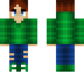 green hoodie- blue jeans - short brown hair