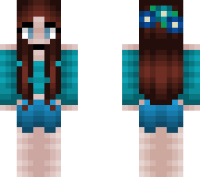 brunette - cyan croptop - blue shorts - flower crown