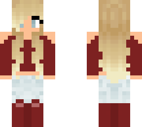 blond, red off the shoulder shirt, knee high boots