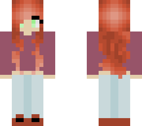 red hair, purple shirt.