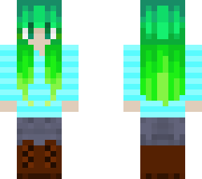 blue shirt, green hair