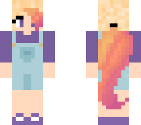 warm color hair, pupler shirt, overalls