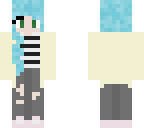 blue hair, stripped shirt, yellow jacket