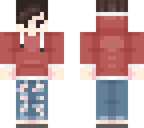 dull red hoodie boy with ripped jeans