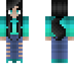girl - teal and cyan fade sweater - black ponytail  curly hair